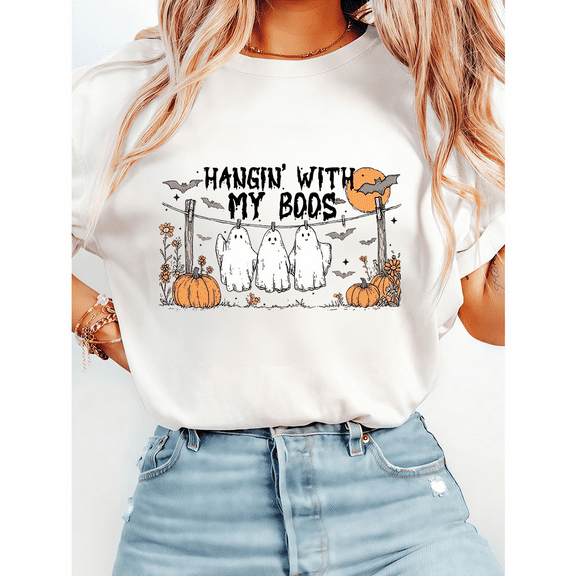 Hanging With My Boos Print T-shirts Funny Halloween Spooky Season Graphic Tees Short Sleeve Casual Tops Cotton Shirts for Daily Outfits White,2XL