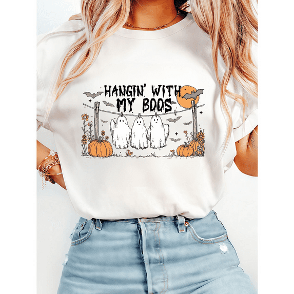 Hanging With My Boos Print T-shirts Funny Halloween Spooky Season Graphic Tees Short Sleeve Casual Tops Cotton Shirts for Daily Outfits White,S