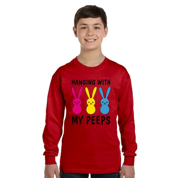 Hanging With My Peeps Long Sleeve Shirts for Kids - Youth XS S M L XL - Happy Easter Holiday Christian Tee for Boys for Girls