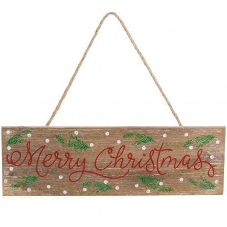 Hanging Wood Sign - Merry Christmas - 16 Inches x 5 Inches tall, 0.50" thick - Thick jute string hanger - Merry Christmas in red script - White snow dots and green pine needle gatherings