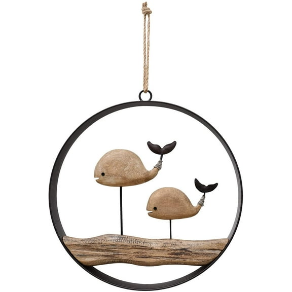 Hanging Wood Whale Decoration for Wall, Rustic Nautical Whale Decor Beach Theme Home Decoration Whale Sculpture Home Decor for Bathroom Bedroom Lake House Decoration (Rustic Whale)