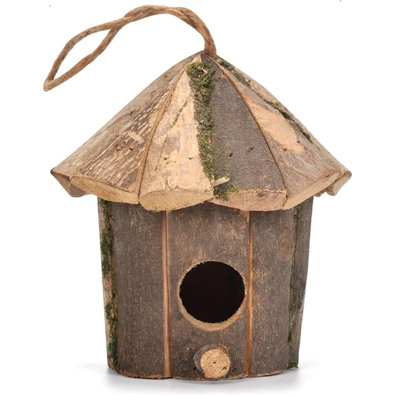 Hanging Wooden Bird House with Bark & Moss 6x6 Inch