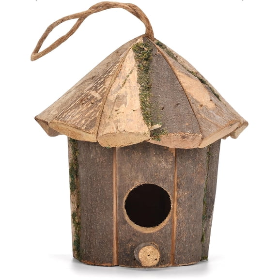 Hanging Wooden Bird House with Bark and Moss, 6x6 Inch