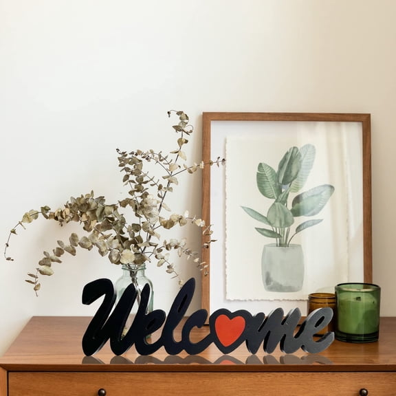 Hanging Wooden Cutout Word Welcome Sign with Heart Wall Decor Free Standing Black Letters Welcome Signs Tabletop Centerpieces 16"L