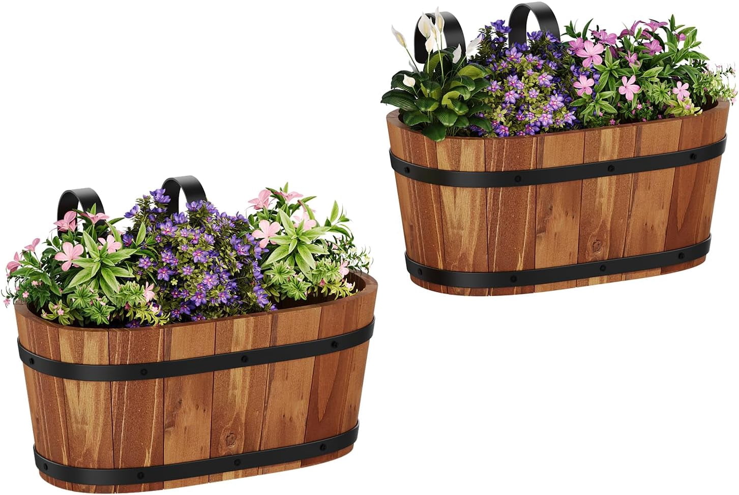 Hanging Wooden Flower Pots, Railing Planter for Any Balcony, Porch or Deck Countryside Style with Detachable Hooks for Garden Yard Home Decor (Brown)