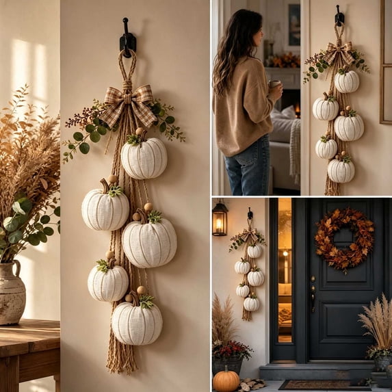 Hanging Wooden Pumpkin Fall Wall Decor, Fall Swags for Front Door Fireplace, Autumn Pumpkin Door Hanging Decor Without Lights