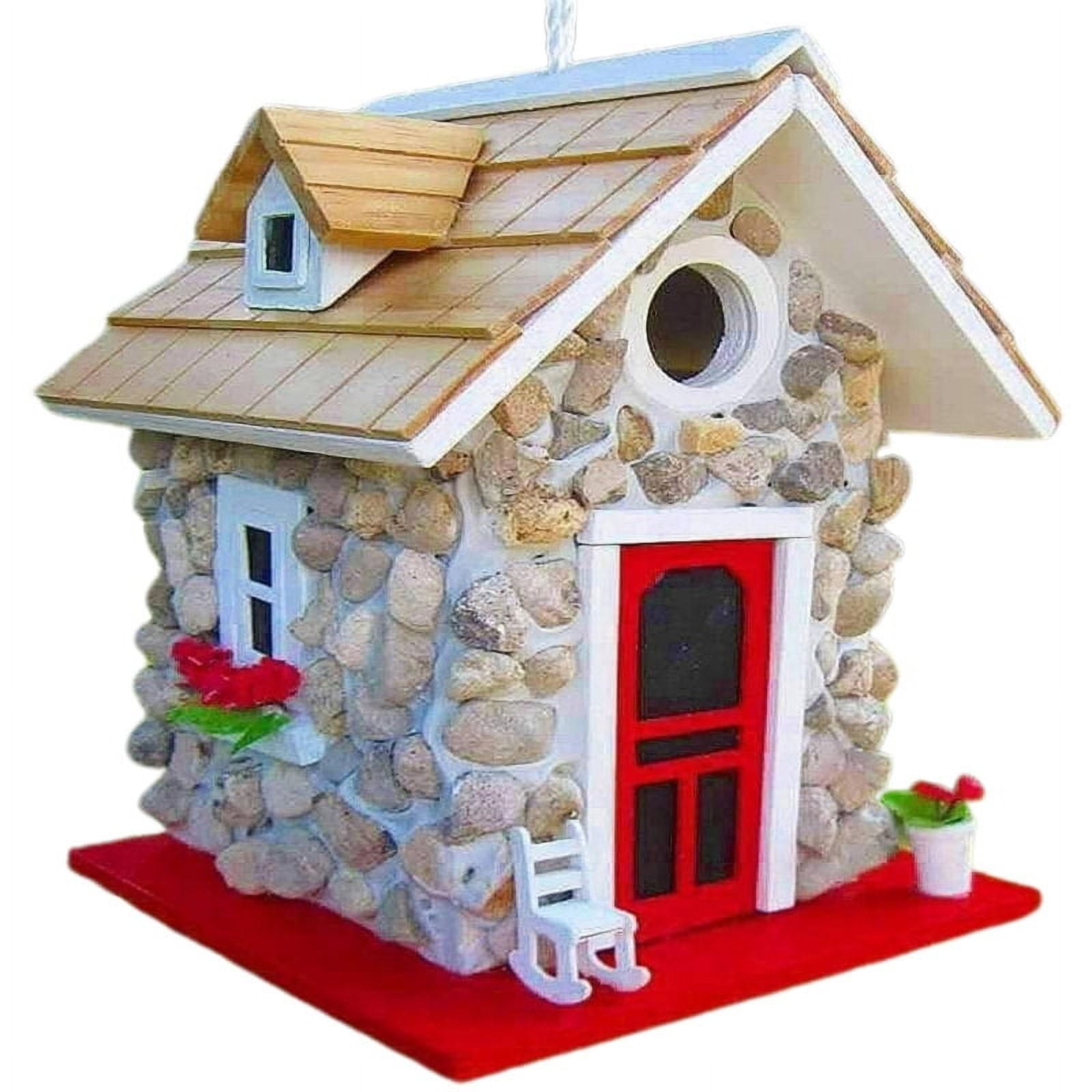 Curated visual reference: Picture Idea: Hanging Wooden Stone Cottage Songbird Birdhouse With Door Window Roof