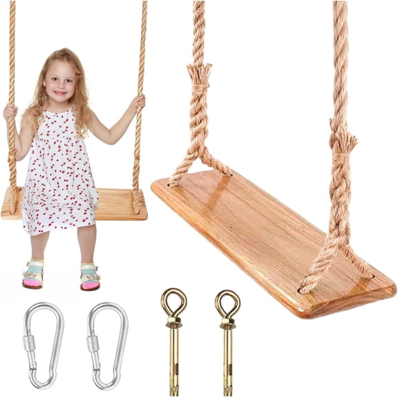 Hanging Wooden Swing, Seat 19.7"x 5.1" 1.2", Tree Swings for Adults and Kids Outdoor, Adjustable Hemp Rope Plus Tree Straps 80 inch, Kids Indoor Swing with 500lb,Indoor Swing for Adults