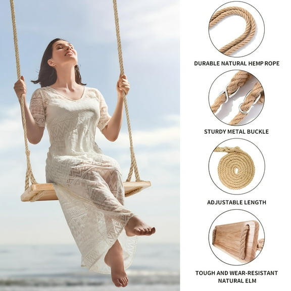 Hanging Wooden Swing, Swing Seat 24"x 8"x 1.2", Tree Swing for Adults Kids with 500lbs Load, Adjustable Hemp Rope Plus Tree Straps 147 Inch, Outdoor Wood Swing, Indoor Room Swing, Swing Set