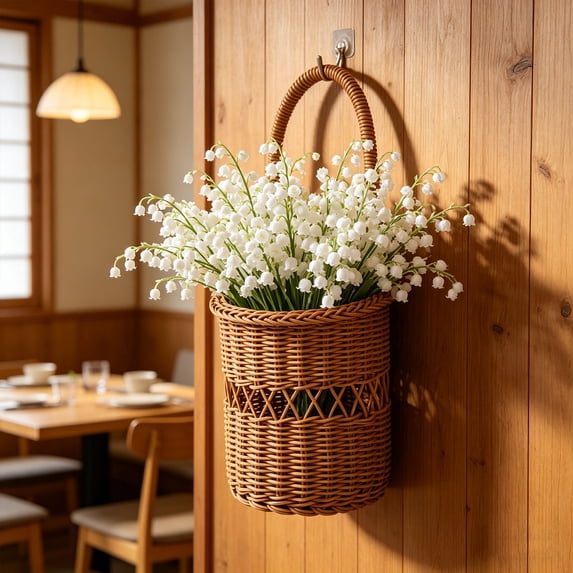 Hanging Woven Basket,Imitation Rattan Storage Basket,Long Plastic Wall Organizer Bin Decorative Flower Basket Sundries Storage Holder for Home,Front Door,Bathroom,Kitchen(9x5.12In)