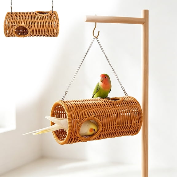 Hanging Woven Straw Bird Tunnel 20cm, Natural Seagrass Reptile Hammock Hideaway, Parrot Swing Nest for Cockatiel Budgie, Bird Tunnel with Metal Hook for Cage Hanging