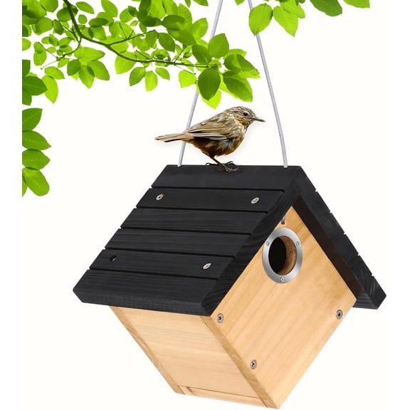 Hanging Wren Bird Houses for Outside, Cedar Wooden Bird Houses for Outdoors, Bird Nest with Air Vents, 1-1/8"Entrance Hole, Clean Door for Wildbird Watching, 1 Pack Black