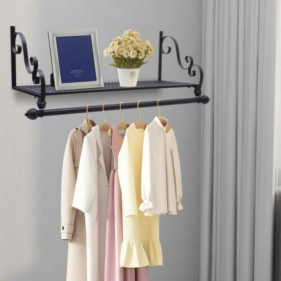 Hanging Wrought Iron Coat Rack Storage Shelf Wall Mounted With Iron Clothing Rod
