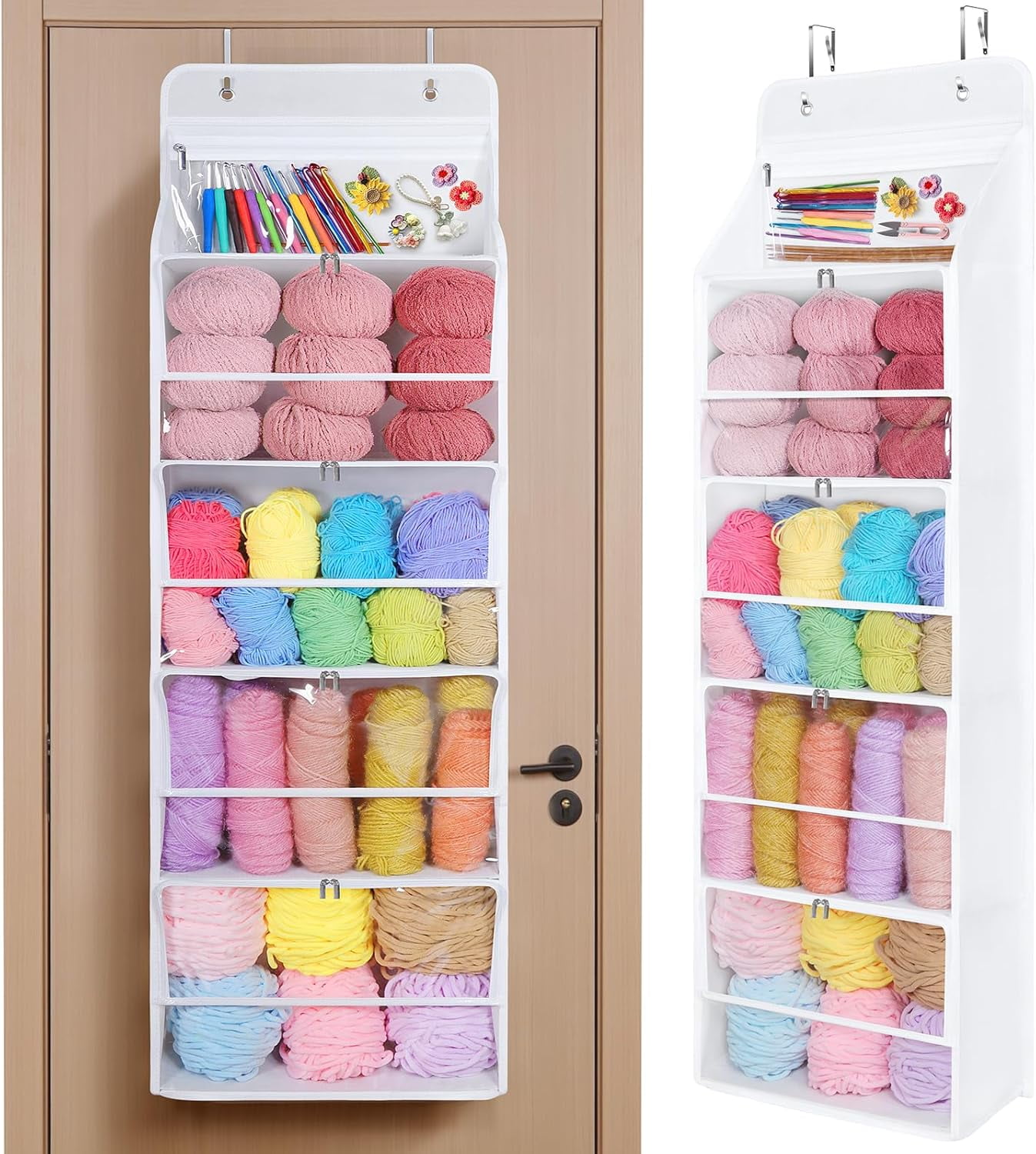 Hanging Yarn Storage Organizer with 5 Zipper Closure Compartments, Large Capacity Knitting Organizer Storage, Over the Door Hanging Yarn Holder for Knitting Needles,Crochet Hooks (Clear White)