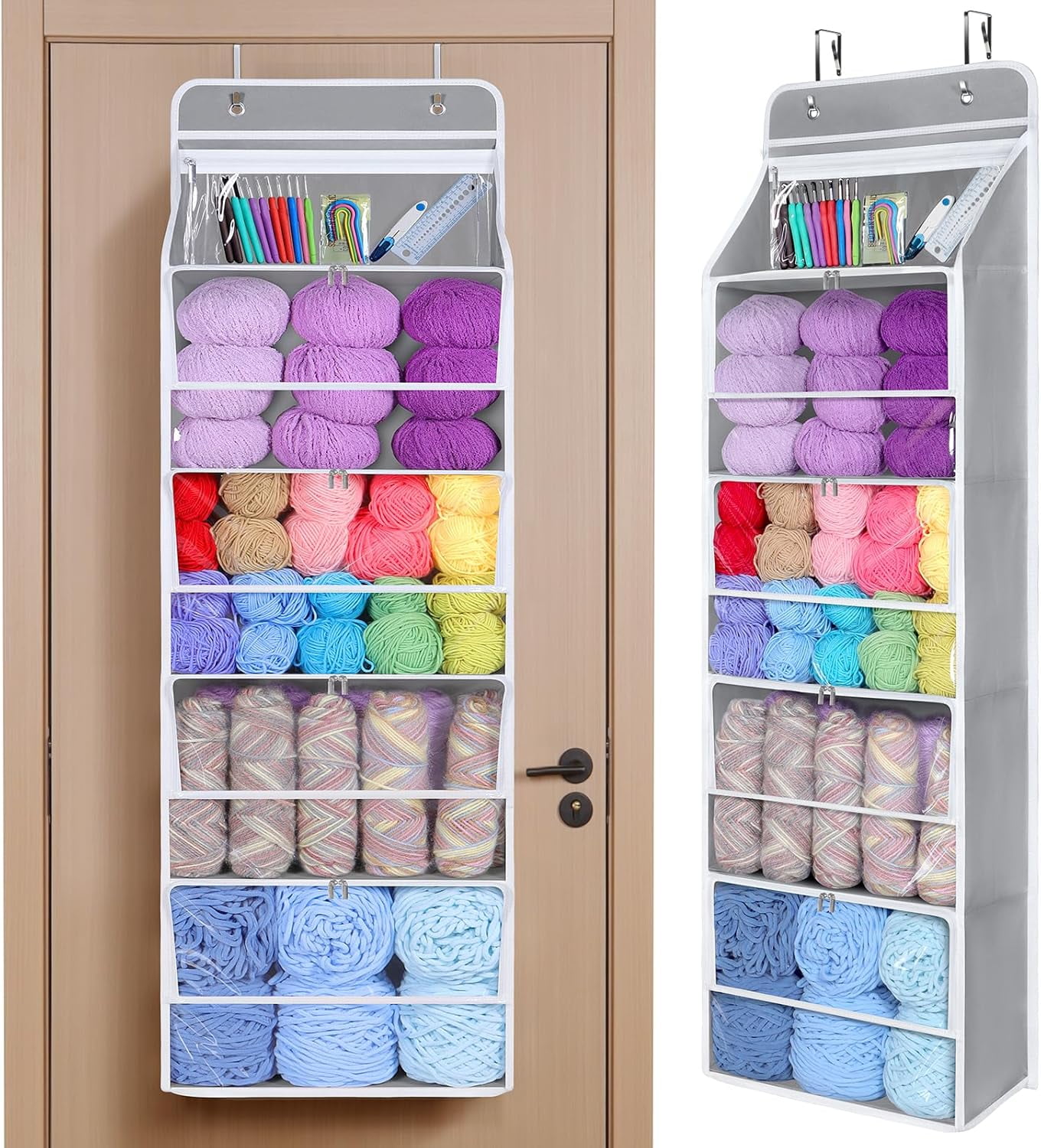 Hanging Yarn Storage Organizer with 5 Zipper Closure Compartments, Large Capacity Knitting Organizer Storage, Over the Door Hanging Yarn Holder for Knitting Needles, Crochet Hooks (Light Grey)