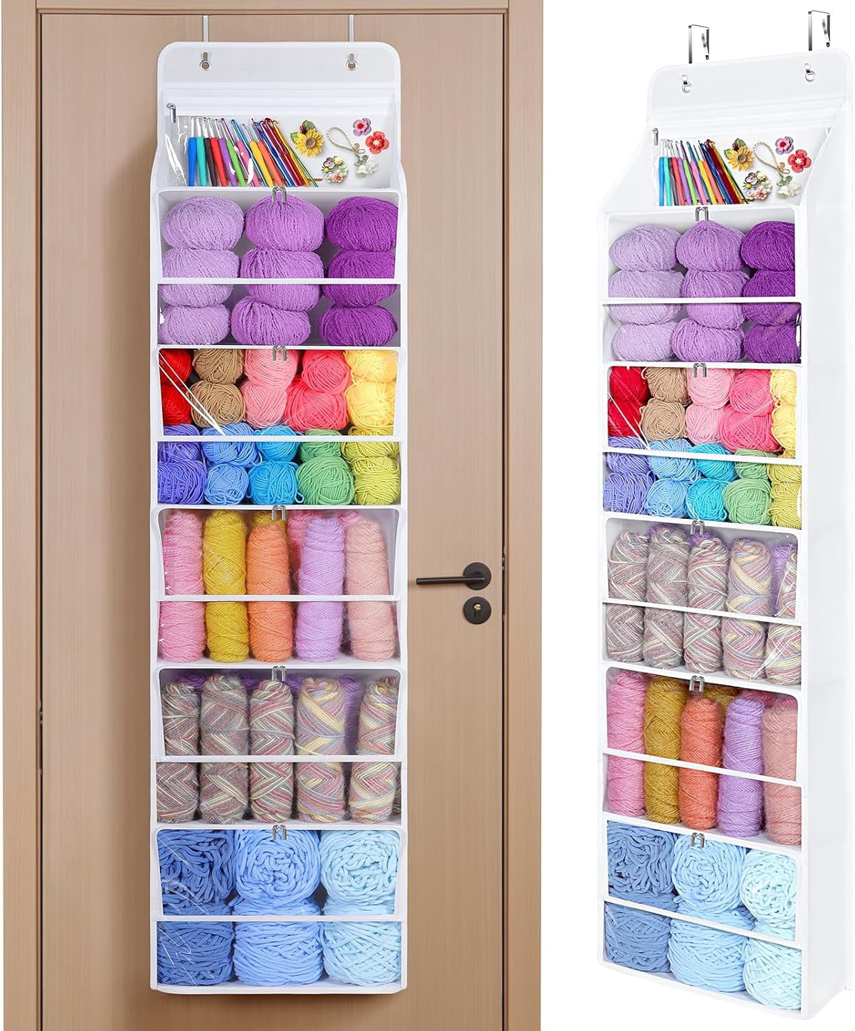 Hanging Yarn Storage Organizer - 3 Compartment Over-The-Door Holder, Large Clear Pockets For Knitting & Crochet Supplies