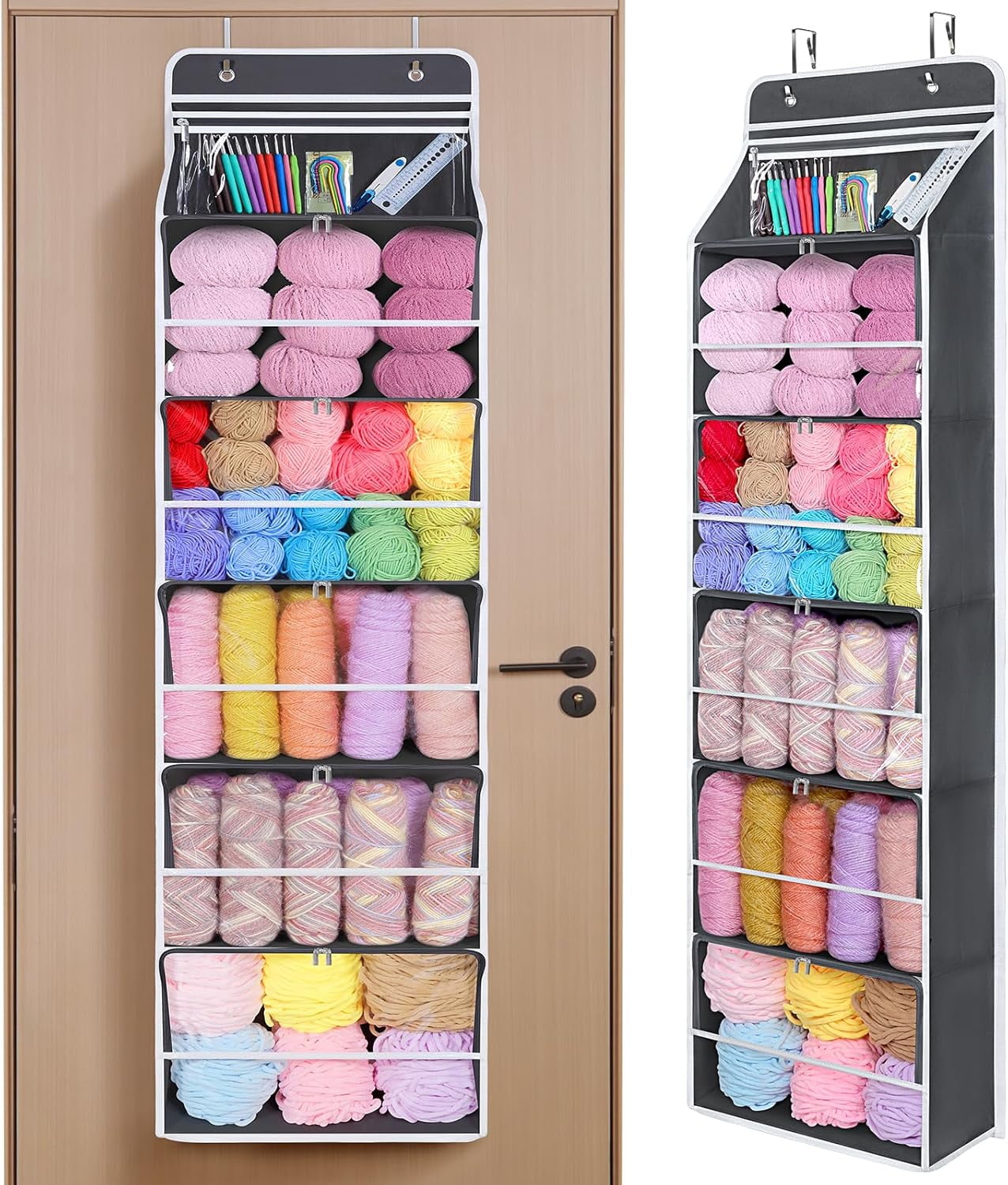 Hanging Yarn Storage Organizer with 6 ZipperClosure Compartments, Large Capacity Knitting Organizer Storage, Over The Door Hanging Yarn Holder for Knitting Needles, Crochet Hooks (Dark Grey)