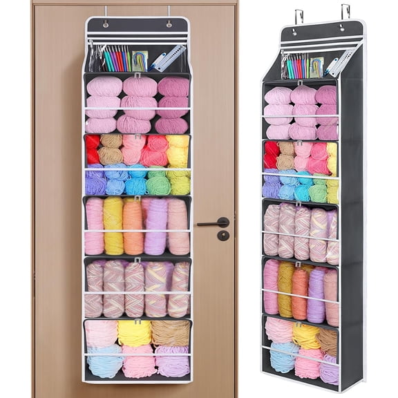 Hanging Yarn Storage Organizer with 6 ZipperClosure Compartments, Large Capacity Knitting Organizer Storage, Over The Door Hanging Yarn Holder for Knitting Needles, Crochet Hooks (Dark Grey)