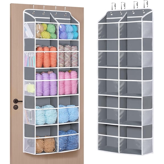 Hanging Yarn Storage Organizer, Extra Large 5 Tiers Crochet Bag Organizer with Clear Deep Pockets, Over the Door Yarn Storage for Crochet Hook, Knitting Needles (Grey)