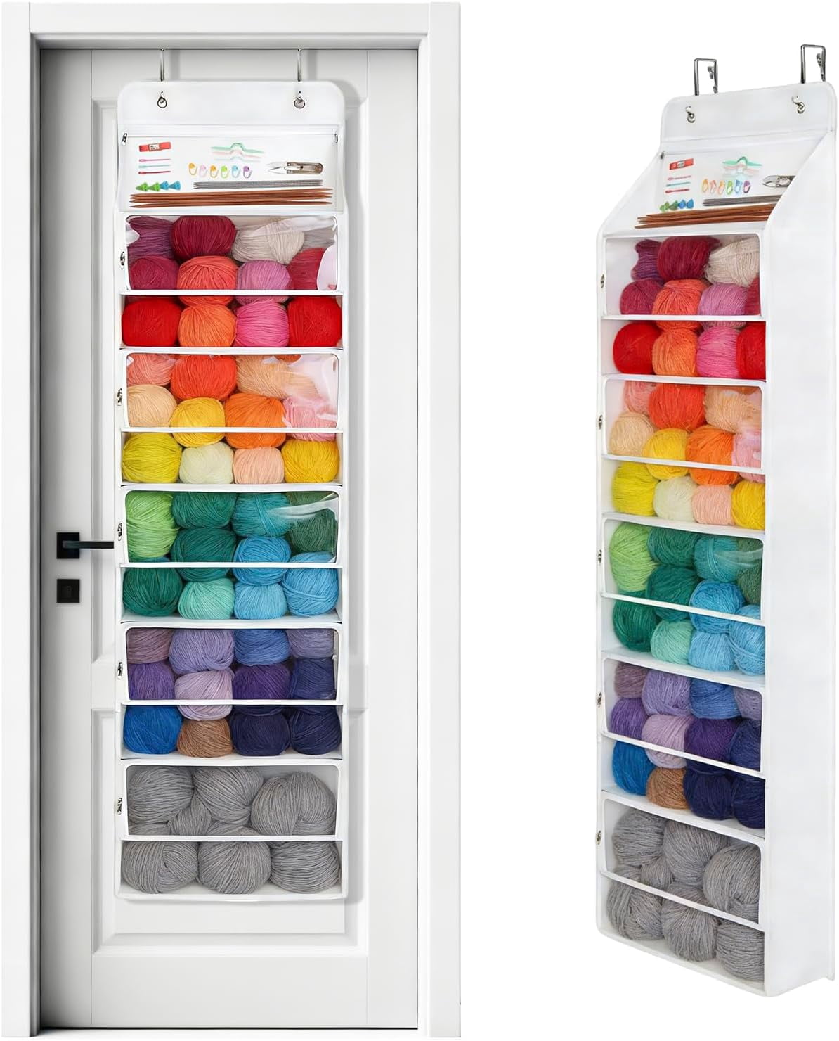 Hanging Yarn Storage Organizer, Large Capacity Knitting Organizer Storage with 6 Zipper Closure Compartments, Over the Door Hanging Yarn Holder for Knitting Needles, Crochet Hooks (Clear White)