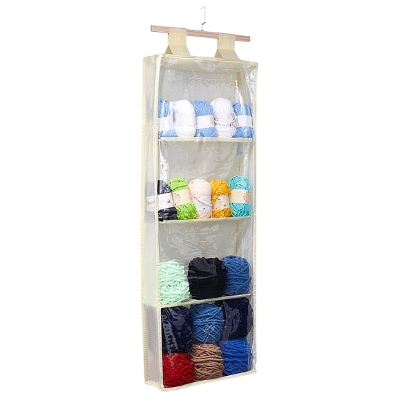 Hanging Yarn Storage with 4 Large Clear Pockets Beige Knitting Organizer Storage with Zipper Closure Yarn Display Holder Over The Door diy