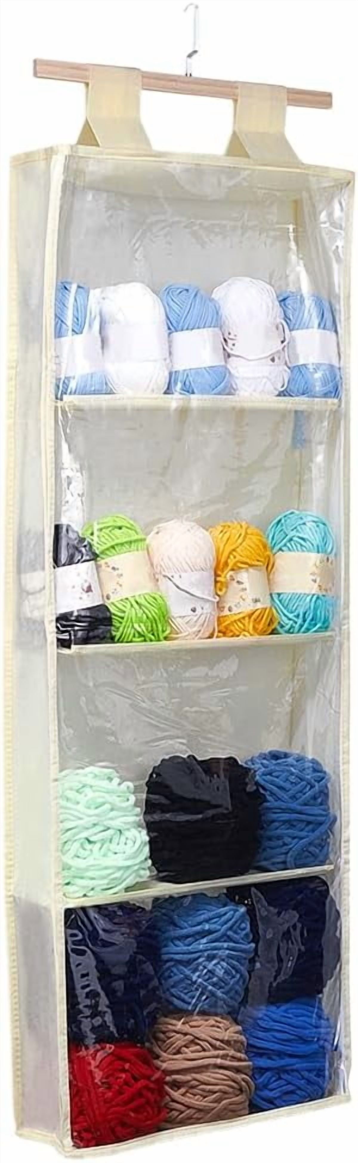 Hanging Yarn Storage with 4 Large Clear Pockets Beige Knitting Organizer Storage with Zipper Closure Yarn Display Holder Over The Door