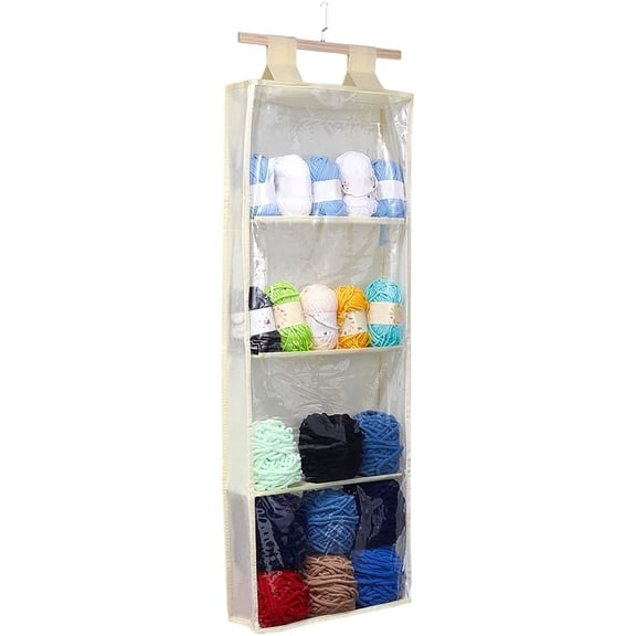 Hanging Yarn Storage with 4 Large Clear Pockets Beige Knitting Organizer Storage with Zipper Closure Yarn Display Holder Over The Door