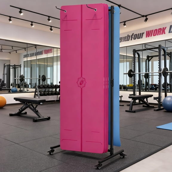 Hanging Yoga Mat Holder, Metal Double Sided Yoga Mats Storage Cart on Wheels, Floor Standing Pilates Mat Rack for Home Gym, Exercise, Yoga Studio, with Punching Tool