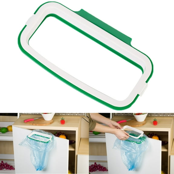 Hanging cabinet door trash rack, storage frame for holding garbage bags in kitchens