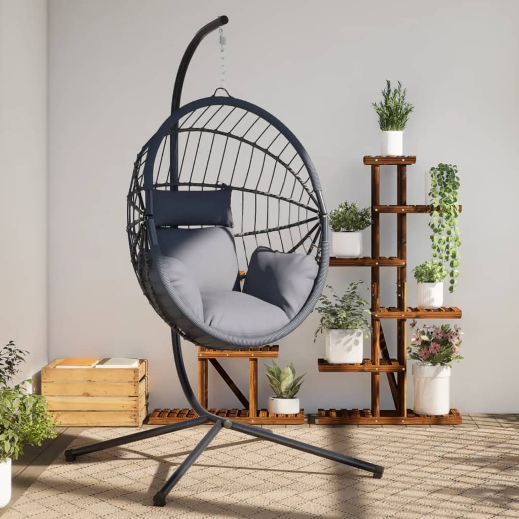 Hanging chair egg design with stand grey rattan and steel