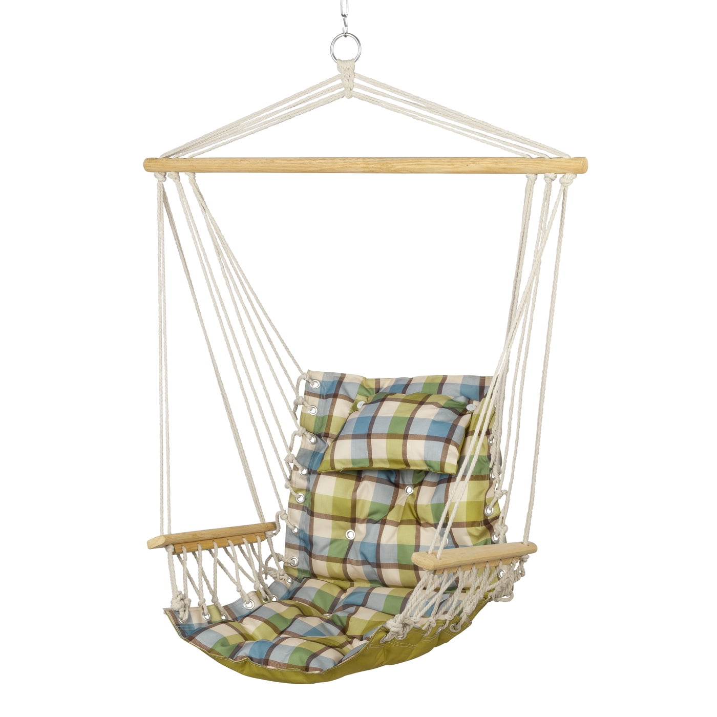 Extra Padded Green Plaid Hanging Chair with Wooden Armrests