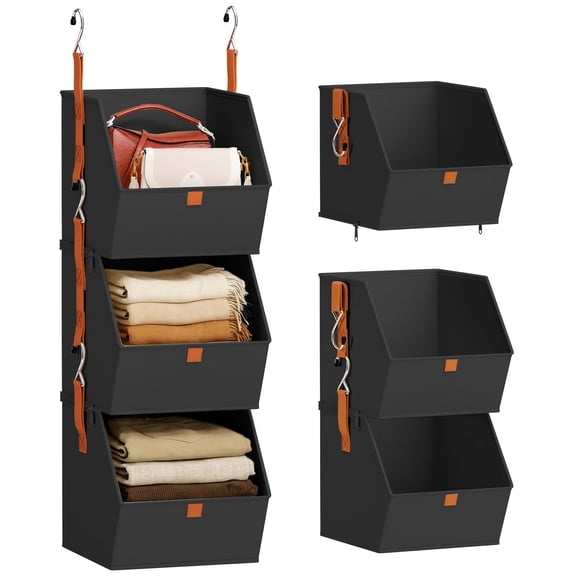 Hanging closet storage 4 layers-clothes hanging shelf, space-saving closet system, fabric storage box bedroom organization, foldable basket, for home, dormitory, RV, black