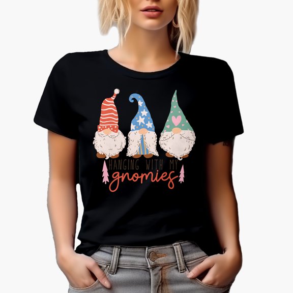 Hanging with My Gnomies, Hand Drawn Christmas Gnomes Art Merch Gift, Black T-Shirt, Medium