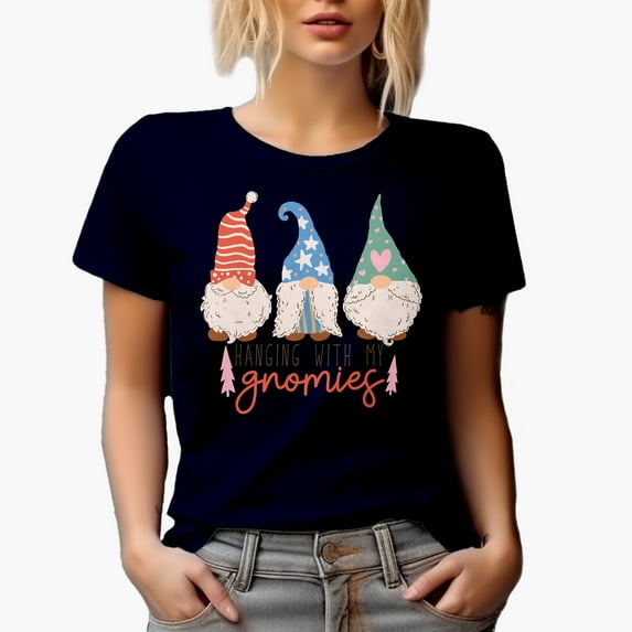 Hanging with My Gnomies, Hand Drawn Christmas Gnomes Art Merch Gift, Navy Blue T-Shirt, XL