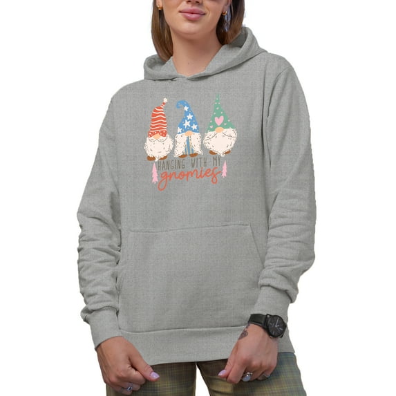 Hanging with My Gnomies with Hand Drawn Christmas Gnomes Art Merch Gift, Heather Grey Hooded Sweatshirt or Hoodie, Large
