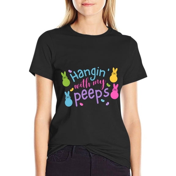 Hanging with My Peeps Women’s Cotton Short Sleeve T-Shirt HD Graphic Print Casual Crew Neck Tee L