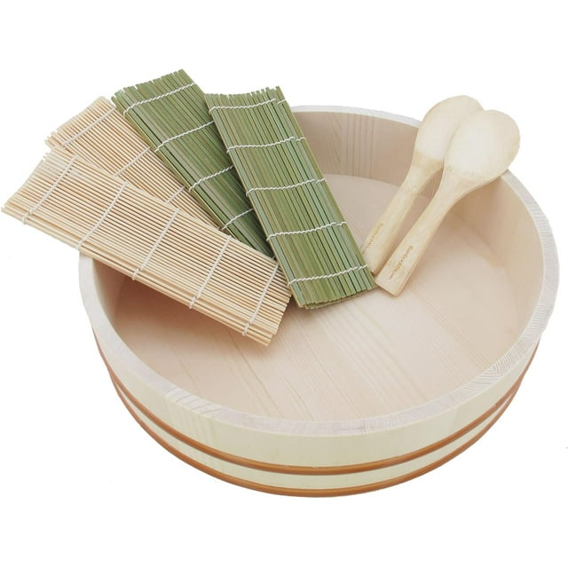 Hangiri Sushi Rice Mixing Bowl Kit - 48cm Wooden Tub With Rolling Mat & Rice Paddles For Sushi Making