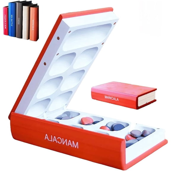 Hangman Game, 2026 New Book Board Games, 3D Printed Magnetic Chess Set, Four in a Row, Sea Battle, Backgammon, Mancala, Portable Books Design Bookshelf Game for Adults (E-Mancala)