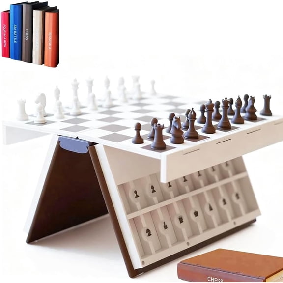 Hangman Game, 2026 New Book Board Games, 3D Printed Magnetic Chess Set, Four in a Row, Sea Battle, Backgammon, Mancala, Portable Books Design Bookshelf Game for Adults (C-Chess)