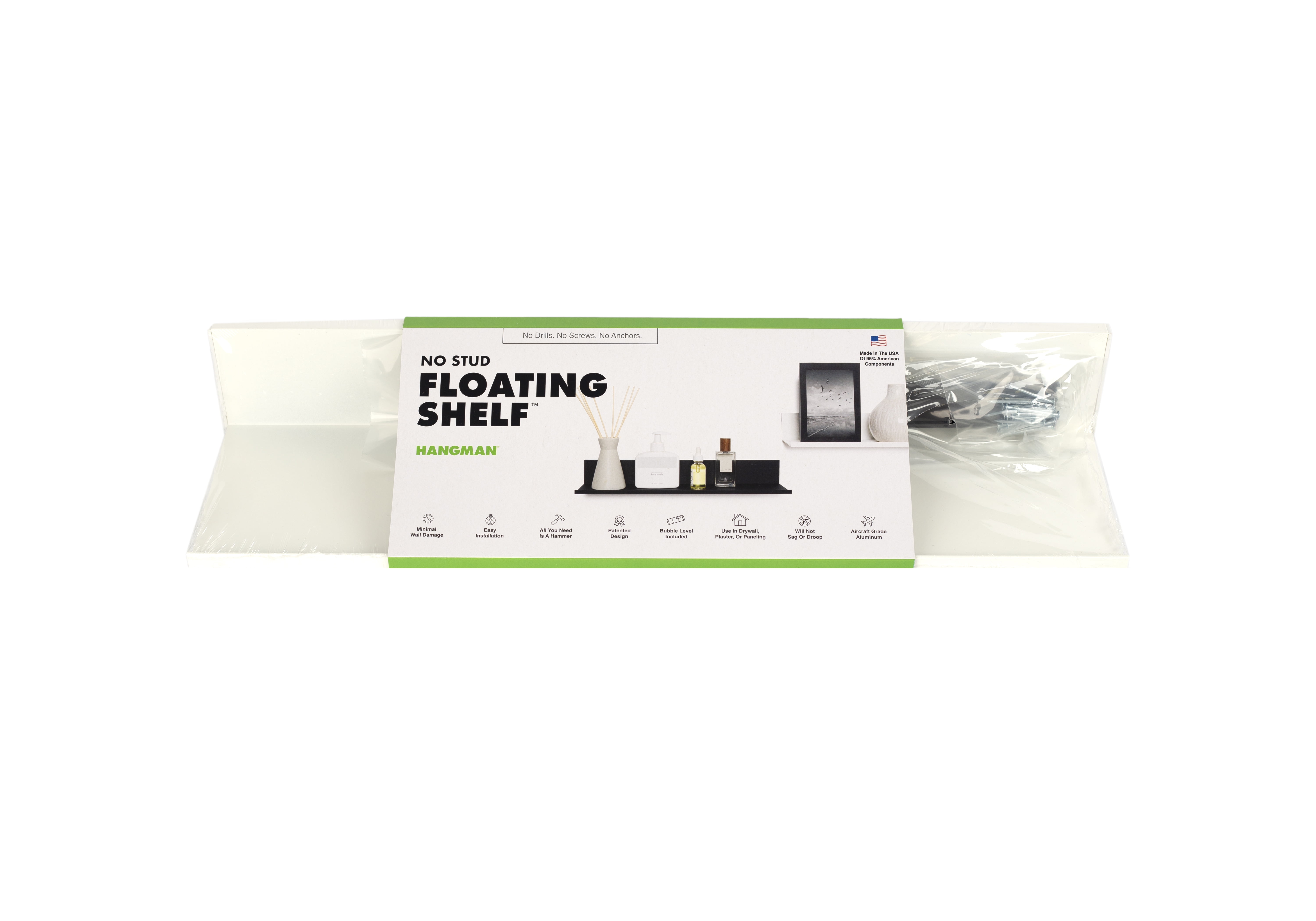 Hangman No Stud Floating Shelf 18" White Aluminum Level and