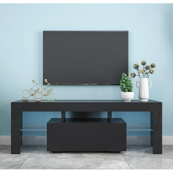 Hangoo Black TV Stand for Entertainment Center LED with Drawer and Storage Console Cabinet Media Cable Box Gaming Stands Bedroom Living, 51.213.817.7in, up to 60 inch tv