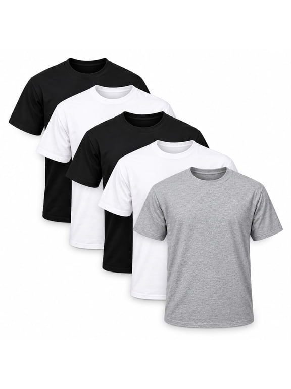 Men's Crew Neck Short Sleeve T-Shirts, 5-Pack, Black White Gray, Size Small