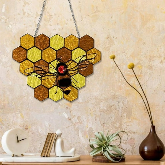Household Pendant Promotion Sale! Nomeni Bee Honeycomb Hanging Honeycomb Wall Hanging Suncatcher Stained Indoor Outdoor Hanging Art Ornament for Yard Garden Ornament, Home Decor Clearance Sale