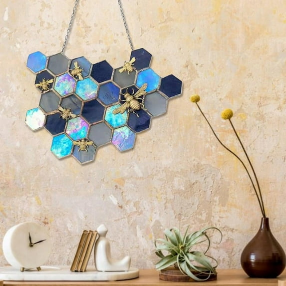 Household Pendant Promotion Sale! Nomeni Bee Honeycomb Hanging Honeycomb Wall Hanging Suncatcher Stained Indoor Outdoor Hanging Art Ornament for Yard Garden Ornament, Home Decor Clearance Sale