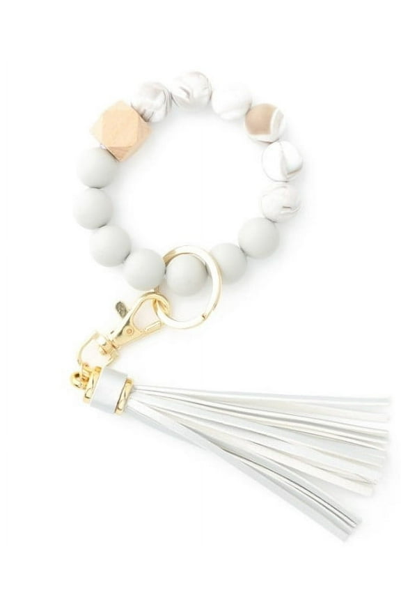 Wrist Keyring Pendant Anti-Loss Bracelet Keyring White - Silicone Key Ring Bracelet, Women Beaded Bangle Keychain Wristlet Leather Tassel