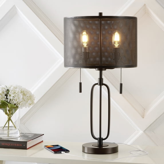 JONATHAN Y Hank 27" 2-Light Industrial Farmhouse Iron LED Table Lamp with USB Charging Port, Oil Rubbed Bronze, JYL1111A