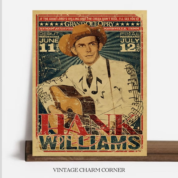 Hank Williams Vintage Concert Retro Country Music Wall Art Grand Ole Opry Rustic Farmhouse Decor Gift Idea #3691, Stretched Canvas Size 8x12
