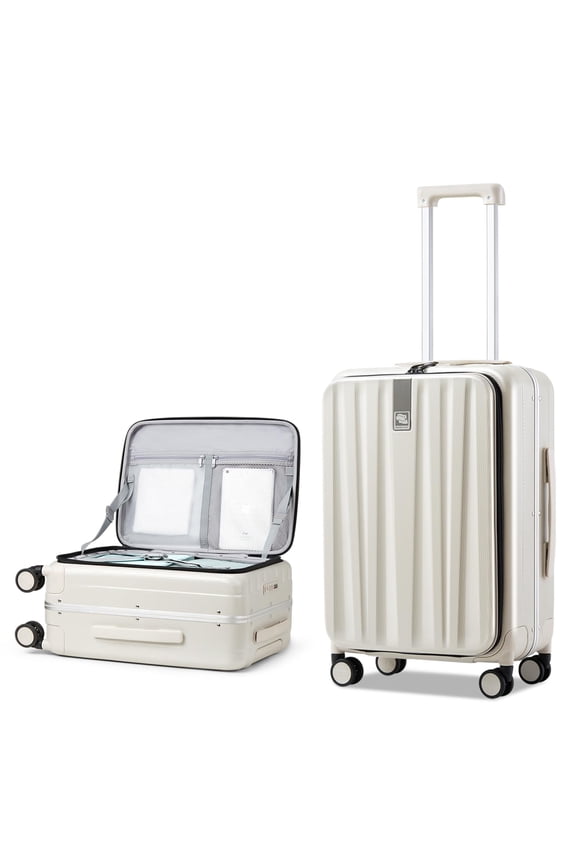 24 Inch Checked Luggage PC Hard Case Luggage Top Opening Aluminum Frame Tsa Luggage Suitcases with Wheels for Travel Woman Men.(Ivory white)
