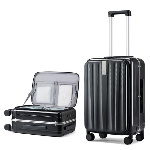 Hanke 24 Inch Checked Luggage PC Hard Shell Suitcases for Travel Front Opening Aluminum Frame Tsa Luggage Rolling Suitcase with Wheels.(Jet Black)