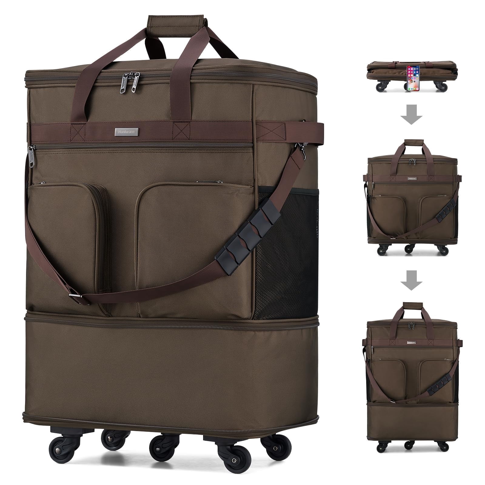 Hanke Suitcases with Wheels Expandable Foldable Luggage Bag Suitcase Collapsible Rolling Travel Bag Duffel Bag for Men Women Lightweight Suitcases,Coffee